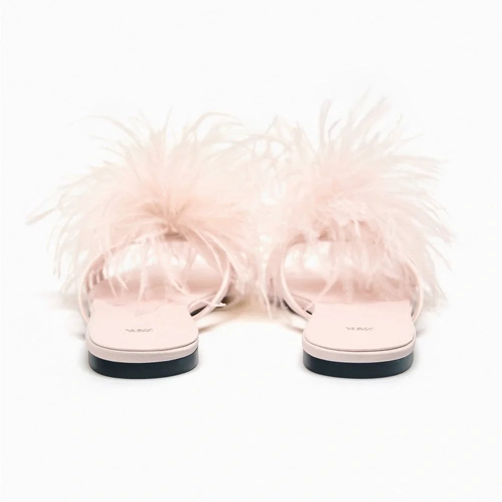 NWT. Zara Light Pink Feathers Flat Fabric Sandals. Size  7,5. 8 - Picture 6 of 9
